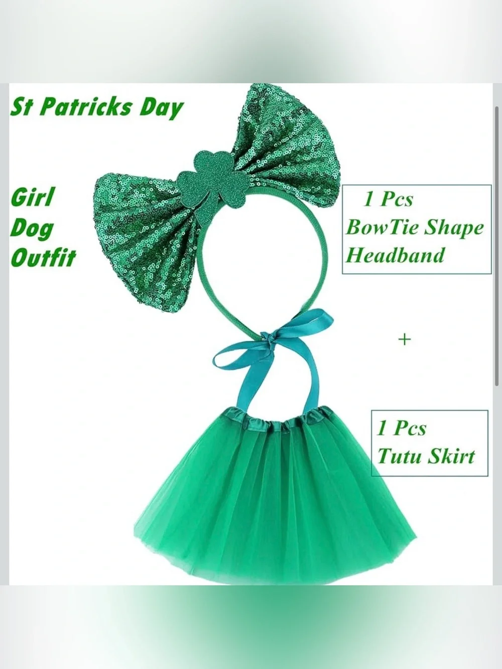 St. Patrick’s Day Girl Dog Outfit Kit – Green Sequin Bow Headband & Tutu Set